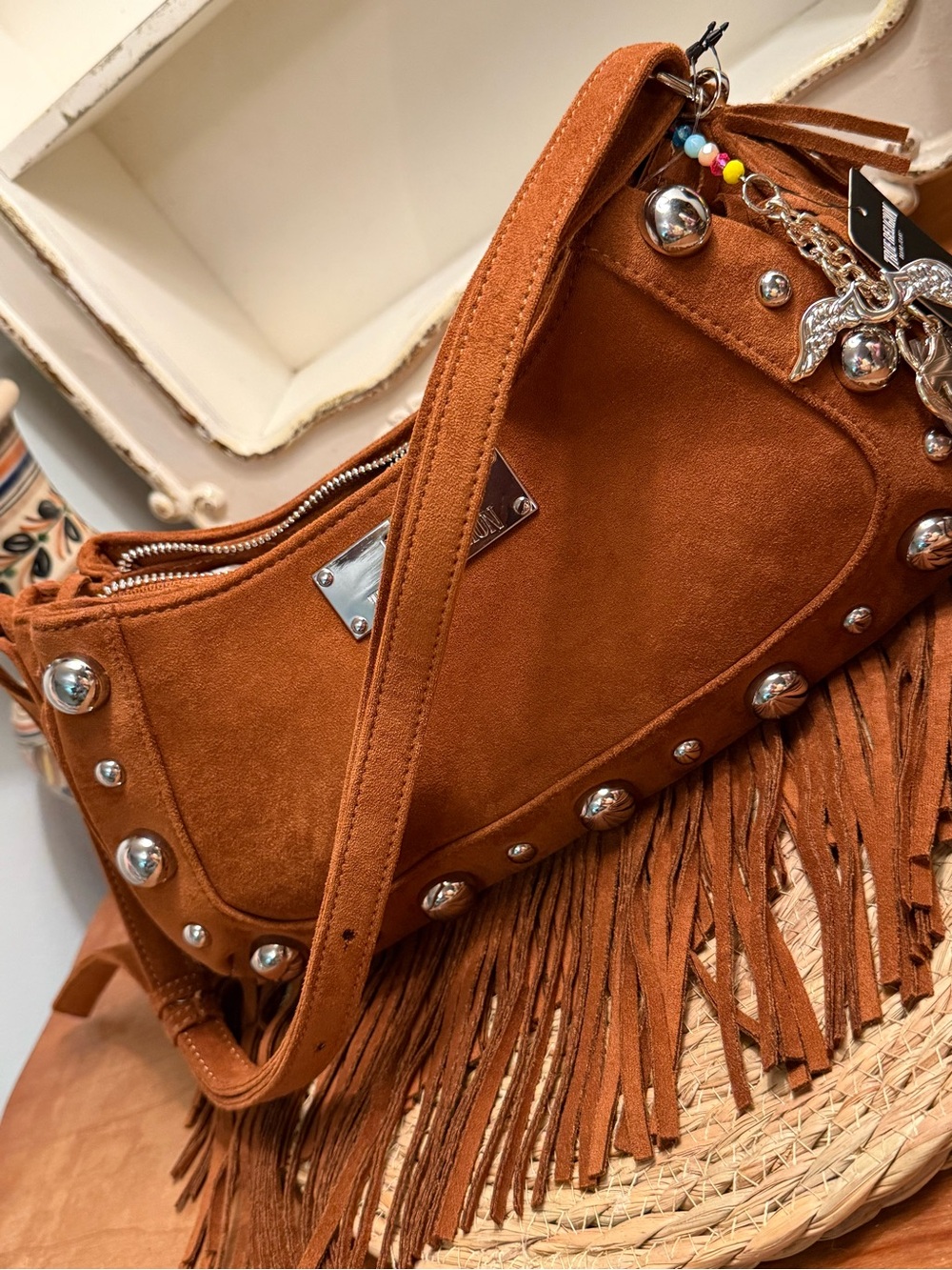 True Religion Rust Brown Suede Fringe Shoulder Bag with Studs - Picture 4 of 13